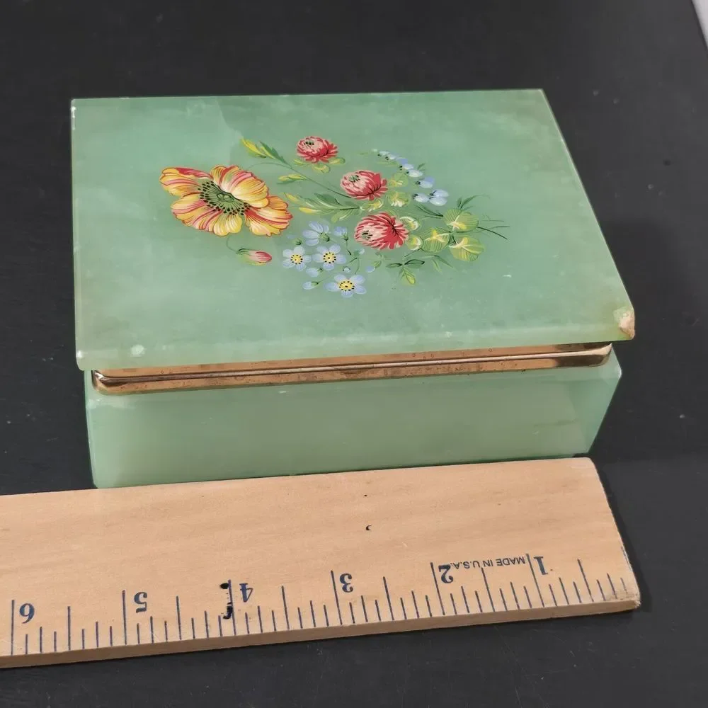 Alabaster Green ONYX Floral Keepsake Trinket‎ Box Marble Gold